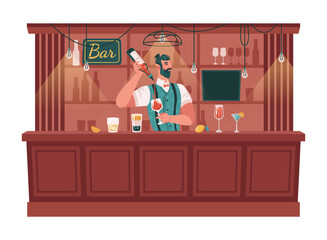 Skillful bartender serving cocktails and mixing drinks. Barman with glasses and bottles of alcohol, bar or pub. Barkeeper or waiter working at night. Flat cartoon character vector illustration