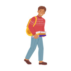 Student walking to school lesson with books and notebooks in hands and satchel on shoulders. Isolated preteen boy personage going to classes to study and learn. Flat cartoon character vector