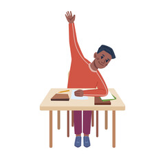 Student sitting by desk with school supplies raising hand, asking or answering kid by table. Studying child, curious pupil learning new discipline and rules. Flat style cartoon character vector