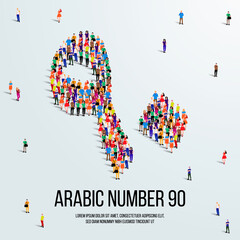 large group of people form to create the number 90 or Ninety in Arabic. People font or Number. Vector illustration of Arabic number 90.