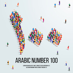 large group of people form to create the number 100 or Hundred in Arabic. People font or Number. Vector illustration of Arabic number 100.