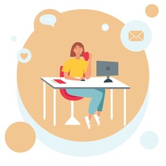 The concept of freelancing, working at home. A woman is sitting at a table in front of a computer and drinking a drink from a cup.