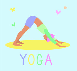 Young woman practices yoga. Physical and spiritual practice. Vector illustration in flat cartoon style. Women Healthy Sport Lifestyle, Pilates Workout.