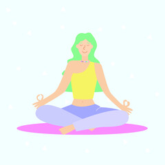 Fototapeta na wymiar Young woman practices yoga. Physical and spiritual practice. Vector illustration in flat cartoon style. Women Healthy Sport Lifestyle, Pilates Workout.