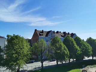 View from the observation deck of the Hermitage - Vyborg Exhibition Center, the Governor's Palace and the trees of the city of Vyborg.