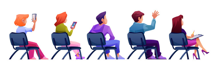 Audience sitting on chairs, isolated journalist, listeners or spectators on meeting or gathering. People asking questions or answering, raising hands discussing. Flat cartoon style character vector