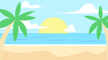 Fototapeta na wymiar Beach by the sea in summer, blue sea and big sun and white clouds fill the sky and coconut palm beach with hot weather., illustration Vector EPS 10