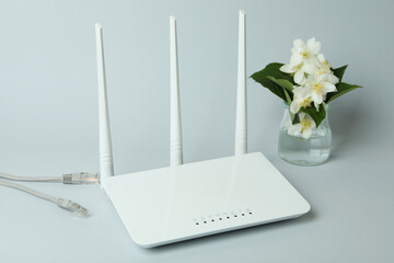 Wi-Fi router and flowers on gray background