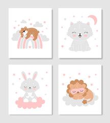 Set of cute posters for the nursery. A bear on a rainbow, a bunny on a cloud, a cat, a sleeping lion in a mask on a cloud. Room decor, postcard, invitation. Vector illustration in flat style