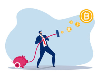 business man vacuuming money catch bitcoin investment concept . Vector