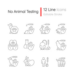 No animal testing linear icons set. Dog and cat protection. Cruelty free label for cosmetic. Customizable thin line contour symbols. Isolated vector outline illustrations. Editable stroke