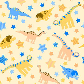seamless pattern plant-eating yellow, blue and pink dinosaurs and multicolored stars in stripes on a light beige background