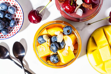 Mango smoothie in a jar, top view. Healthy food concept, vegan breakfast.