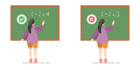 student girls write on the blackboard. math class. right and wrong answers. isolated on a white background. flat vector illustration. suitable for the theme of class sessions, study, school etc.