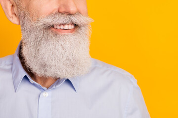 Close-up cropped view portrait of attractive cheerful bearded man copy space isolated over gray...