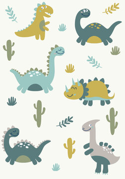 Cute dinosaurs set. Doodle cartoon dino characters for nursery posters, cards, kids t-shirts. Vector illustration.