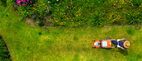 A young man is mowing a lawn with a lawn mower in his beautiful green floral summer garden