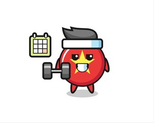 vietnam flag badge mascot cartoon doing fitness with dumbbell