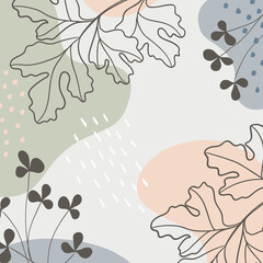 Botanical art. Abstract organic vector shapes, leaves, plants. Natural template in doodle style for social media post, cover, poster, greeting card, background. Modern graphics for holiday, business. 