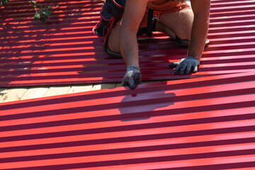 A man screws sheets of corrugated board on the roof with a screwdriver. Repair and replacement of...