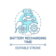 EV battery recharging time concept icon. Electric vehicle charge potential abstract idea thin line illustration. Driving eco car needs. Vector isolated outline color drawing. Editable stroke