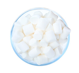 Fototapeta na wymiar Delicious puffy marshmallows in glass bowl on white background, top view