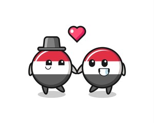 yemen flag badge cartoon character couple with fall in love gesture