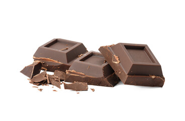 broken black chocolate with pieces isolated on white background. Dessert bar of chocolate, close up