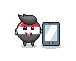 Fototapeta premium yemen flag badge illustration cartoon holding a smartphone