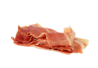 sliced prosciutto jerky into thin slices, food isolated on white background