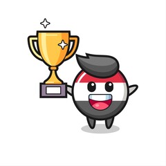 Cartoon Illustration of yemen flag badge is happy holding up the golden trophy