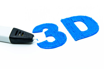 3D printing pen and handmade 3D letters by blue PLA filament on the white background