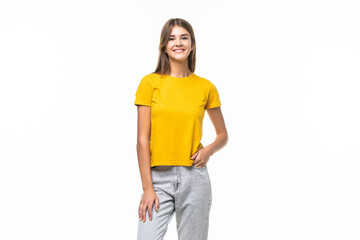 Portrait of happy smiling young beautiful woman over white background