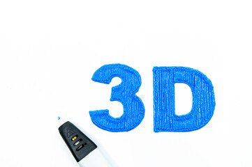 3D printing pen and handmade 3D letters by blue PLA filament on the white background