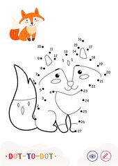 Dot to dot connect the numbers and color quiz learning children game with simple contour illustration of a fox for the youngest children. Fun and learning of wild animals.