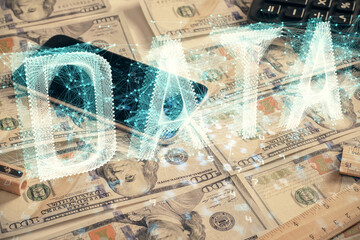 Double exposure of data theme drawing over us dollars bill background. Technology concept.