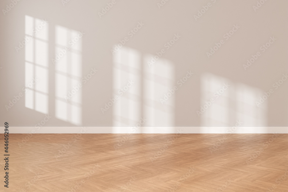 Poster 3d rendering of white empty room with wooden floor and sun light cast shadow on the wall.