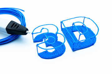 Drawing three-dimentional 3D letters by 3D printing pen and rolled blue filament