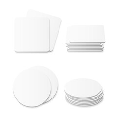 Square and round beer coasters isolated on white background. Branding template.