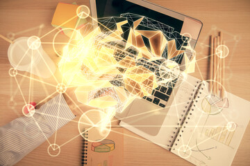 Double exposure of man's hands typing over computer keyboard and brain hologram drawing. Top view. Ai and data technology concept.