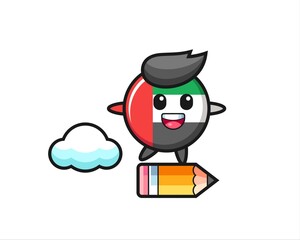 uae flag badge mascot illustration riding on a giant pencil
