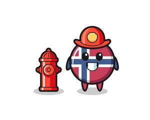 Naklejka premium Mascot character of norway flag badge as a firefighter