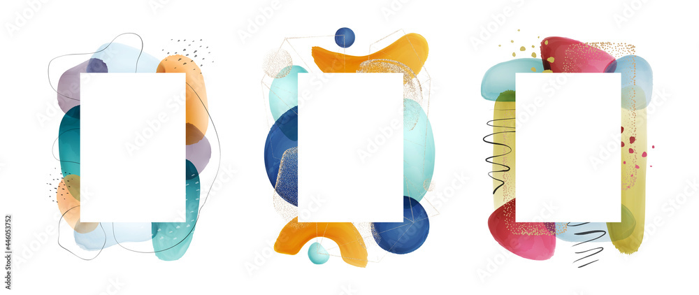 Poster Abstract frame design, squares with watercolor compositions of brushes and blobs. Geometric shapes and contemporary figures. Modern decorative and elegant posters decoration. Flat cartoon vector