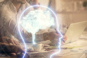 Double exposure of man and woman working together and brain drawing hologram. Intellectual brainstorming concept. Computer background.