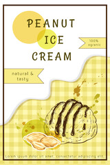 peanuts ice cream label design. one scoop of sundae with groundnut, dripping cream, colorful splashes on chequered background. gelato flavor concept. vector art great for flyer, banner or packaging.