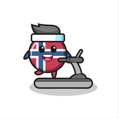 norway flag badge cartoon character walking on the treadmill