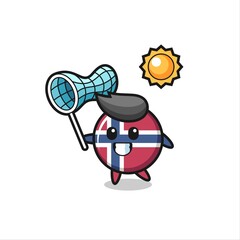 norway flag badge mascot illustration is catching butterfly