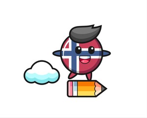 norway flag badge mascot illustration riding on a giant pencil