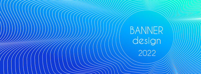 Blue gradient vector long banner. Abstract minimal background with dynamic wavy lines and place for text. Facebook cover design