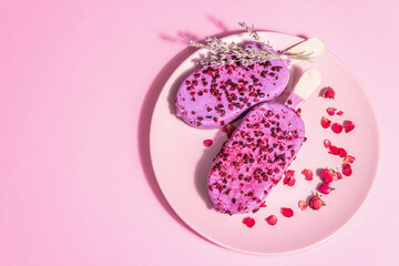 Lavender and rose petals ice cream, sweet chilled dessert